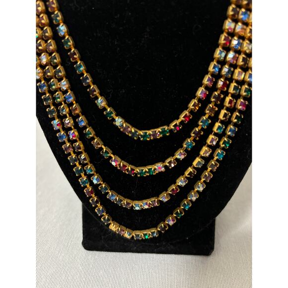 Vintage 70's Necklace Multicolor Aurora Borealis Crystals Gold Tone Stunning - Picture 2 of 7
